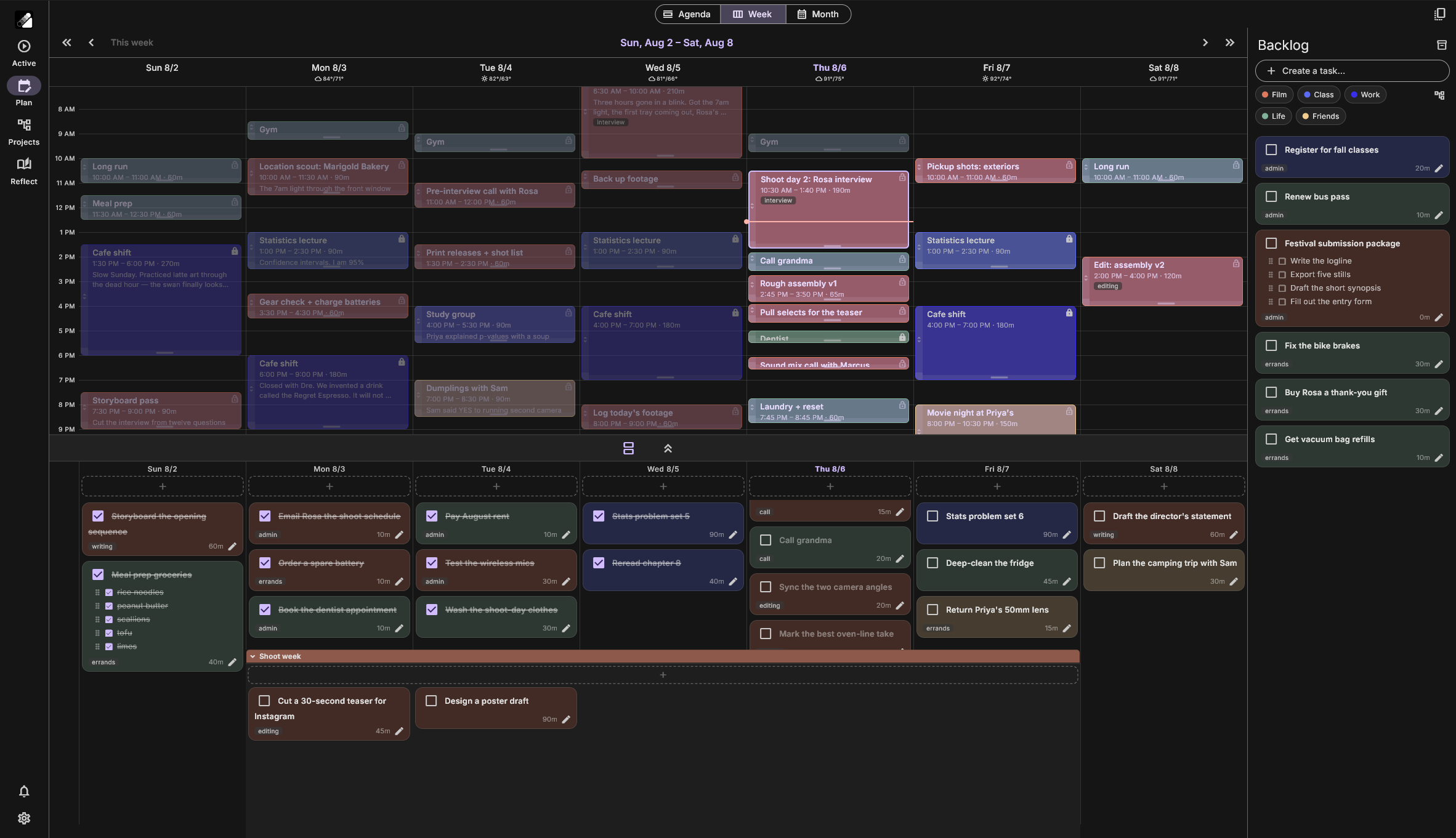 DriftPlan's Plan page: schedule columns for the next days, a task bin under each day, and the backlog beside them.